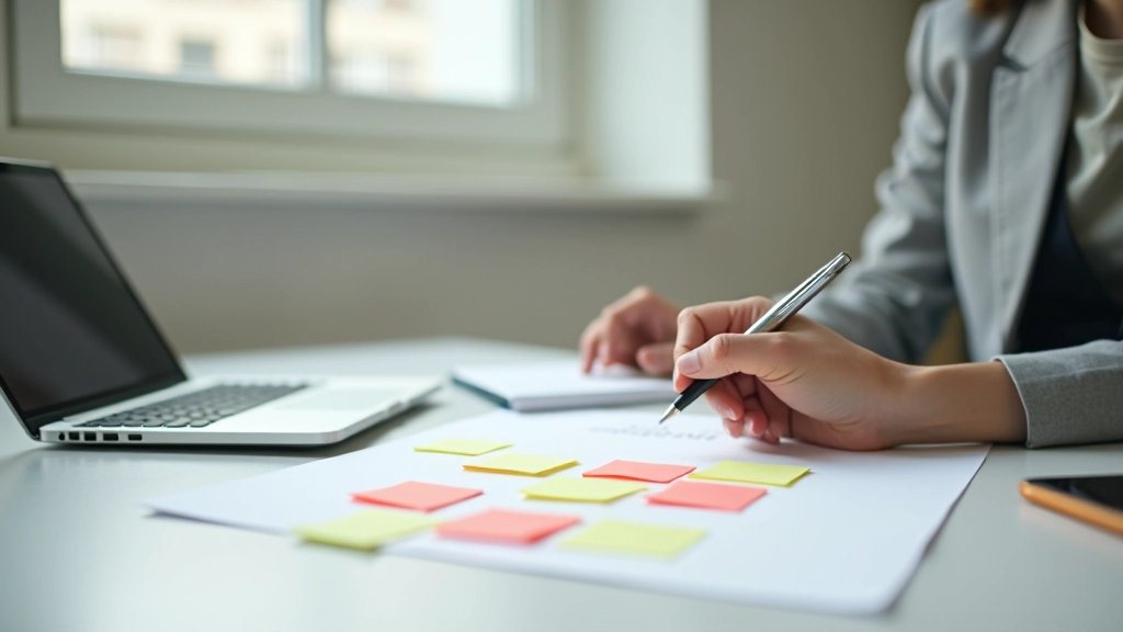 Person at desk breaking large project into smaller written tasks on sticky notes