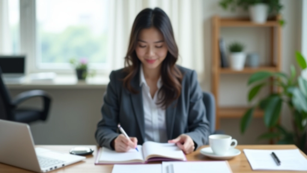 Professional workspace with organized desk, notebook, and pen in modern office setting