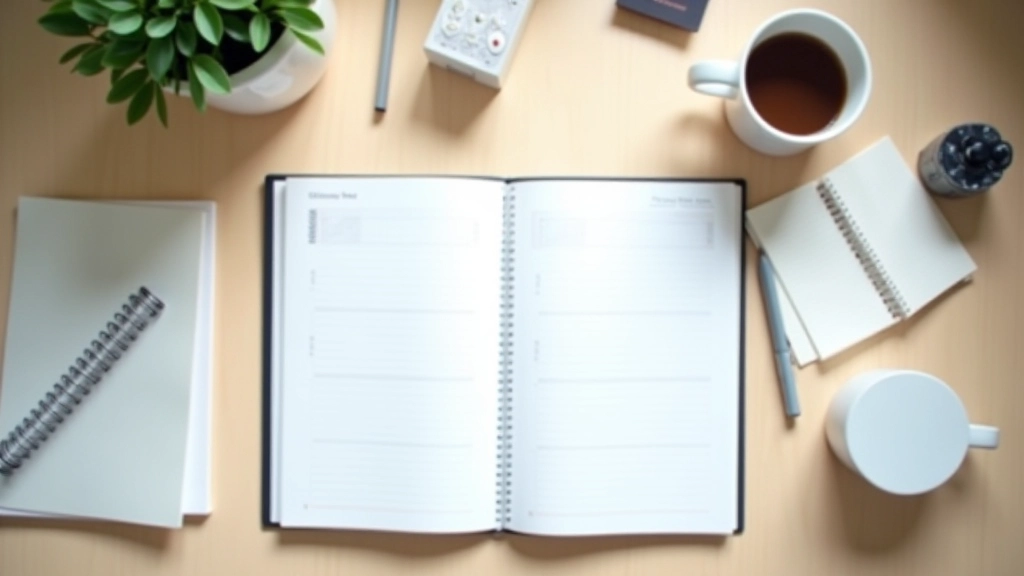 Workspace showing organized desk setup with planner, coffee cup, and task management materials