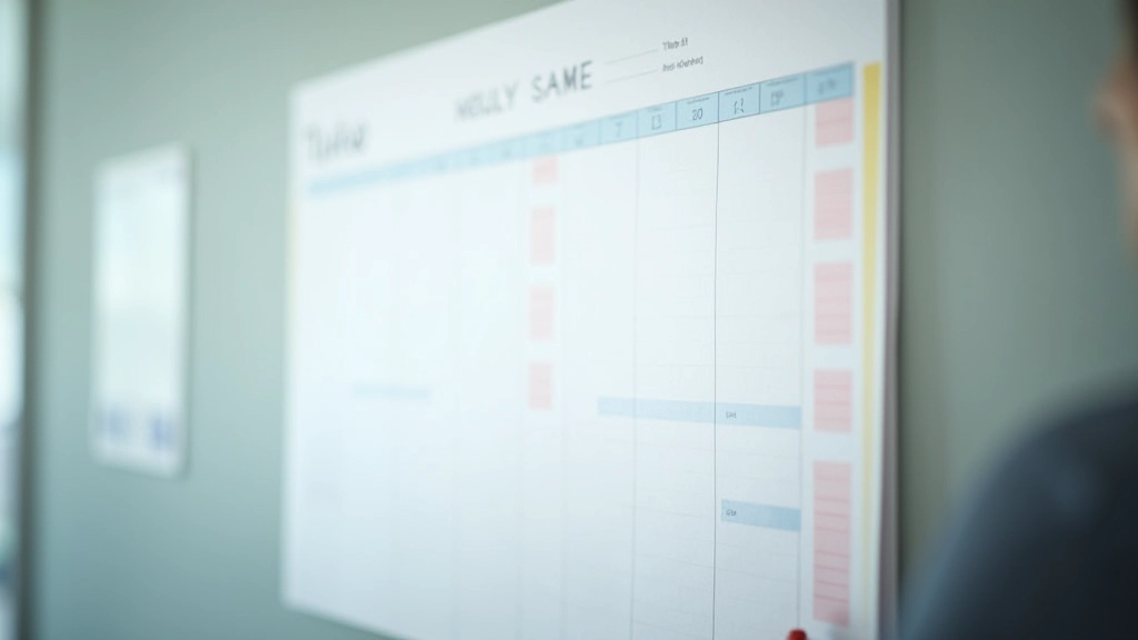 Weekly calendar on wall with color-coded schedule and time blocks marked