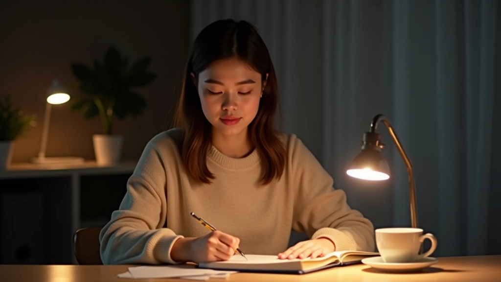 Person writing in journal at table with hot beverage, reflective moment, calm workspace