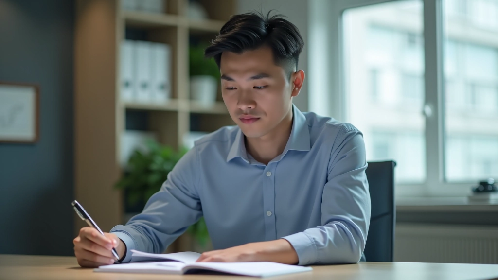 Person reviewing notes at desk with focused expression, morning light from window