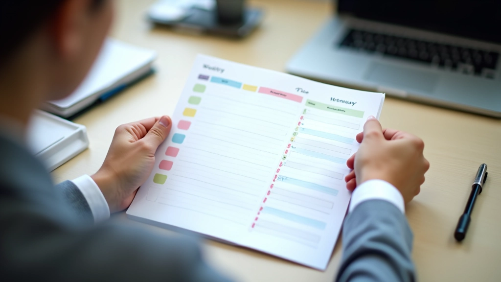 Person reviewing a weekly calendar with colored time blocks for work sessions scheduled across different days