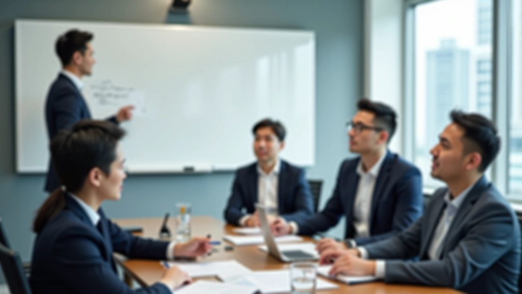 Team members collaborating in meeting room with whiteboard and notes