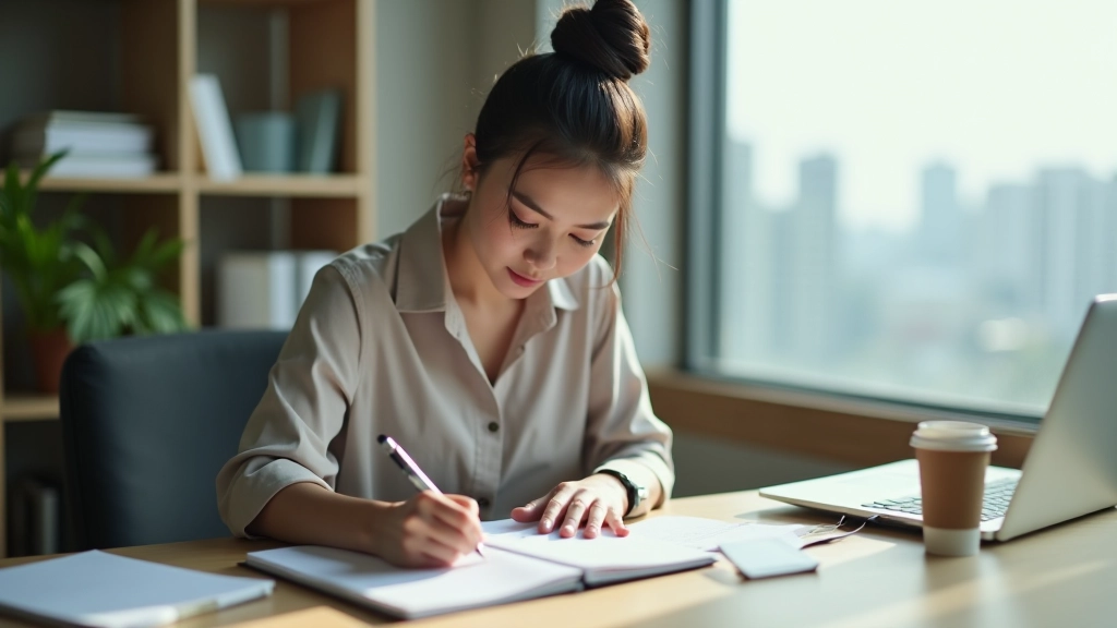 Person writing in planner with coffee and laptop on desk, productivity setup